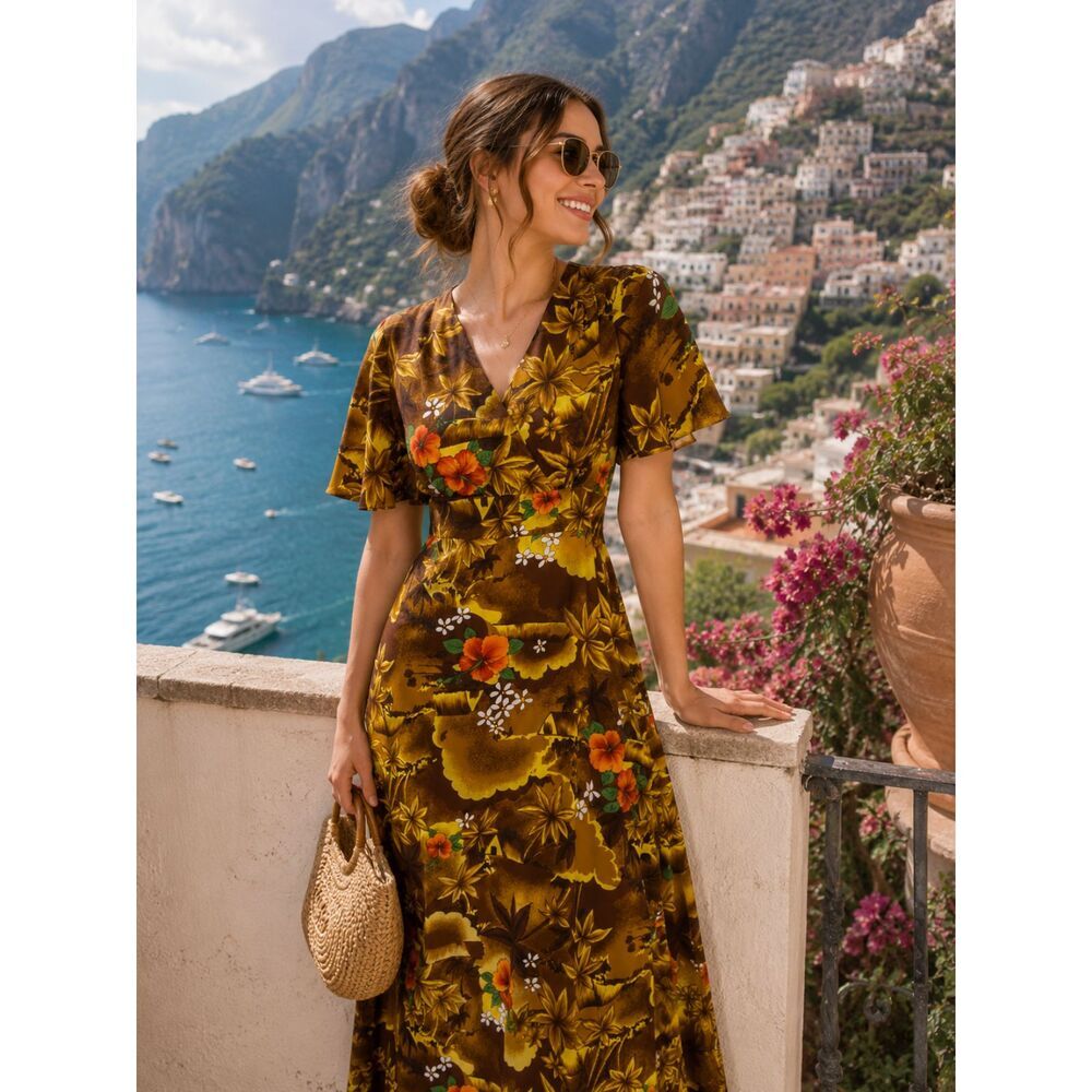 Vintage Royal Hawaiian Women Size XS Hibiscus Floral Tropical Maxi Dress 70s 60s